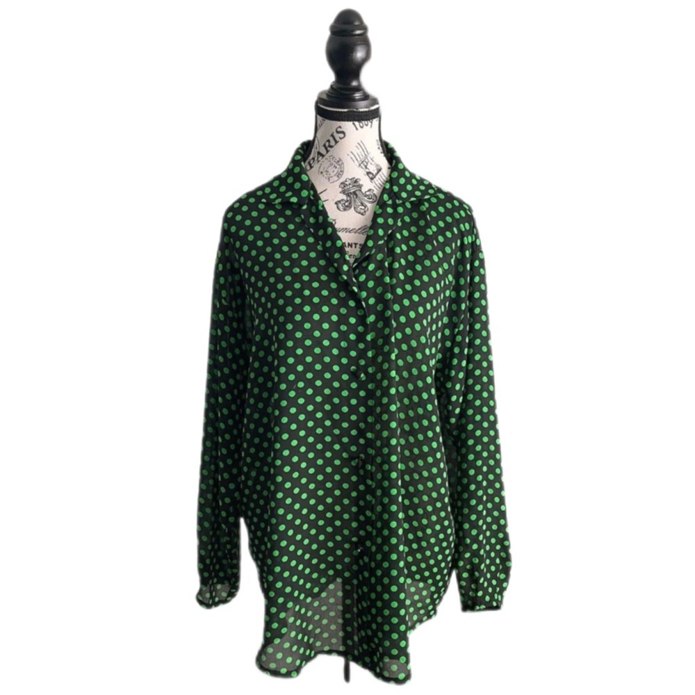 Vintage 80s Clichy Lime Green Black Polka Dot Blouse Maximalism Retro